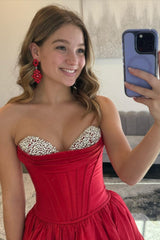 A Line Sweetheart Red Corset Prom Dress With Beading Formal Evening Gown