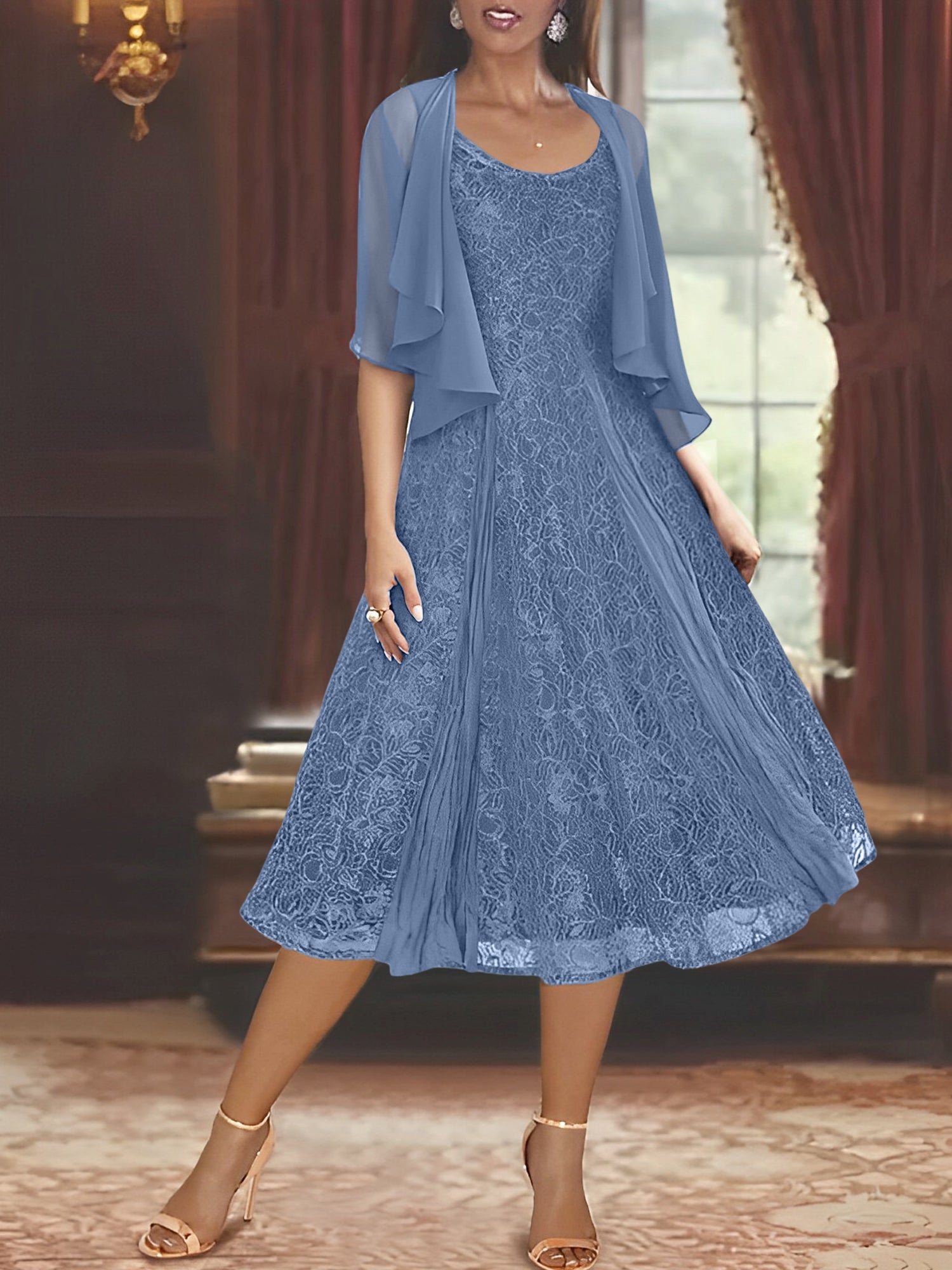 Princess A-Line Tea-Length Mother of the Bride Dress with Scoop Neck Half Sleeves Appliques and Jacket