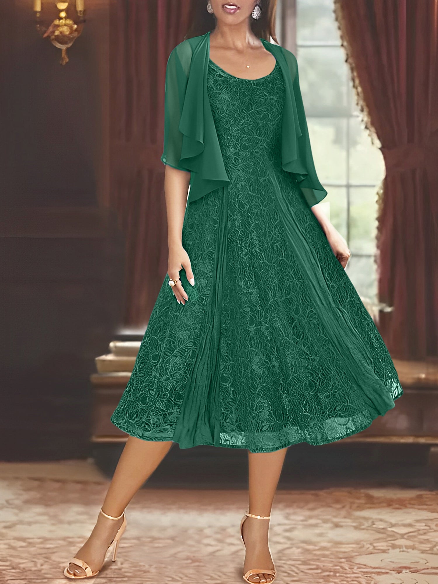 Princess A-Line Tea-Length Mother of the Bride Dress with Scoop Neck Half Sleeves Appliques and Jacket