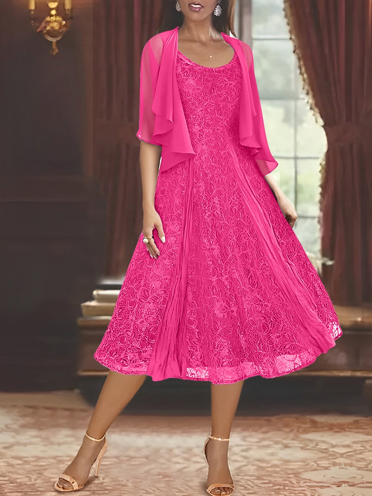 Princess A-Line Tea-Length Mother of the Bride Dress with Scoop Neck Half Sleeves Appliques and Jacket