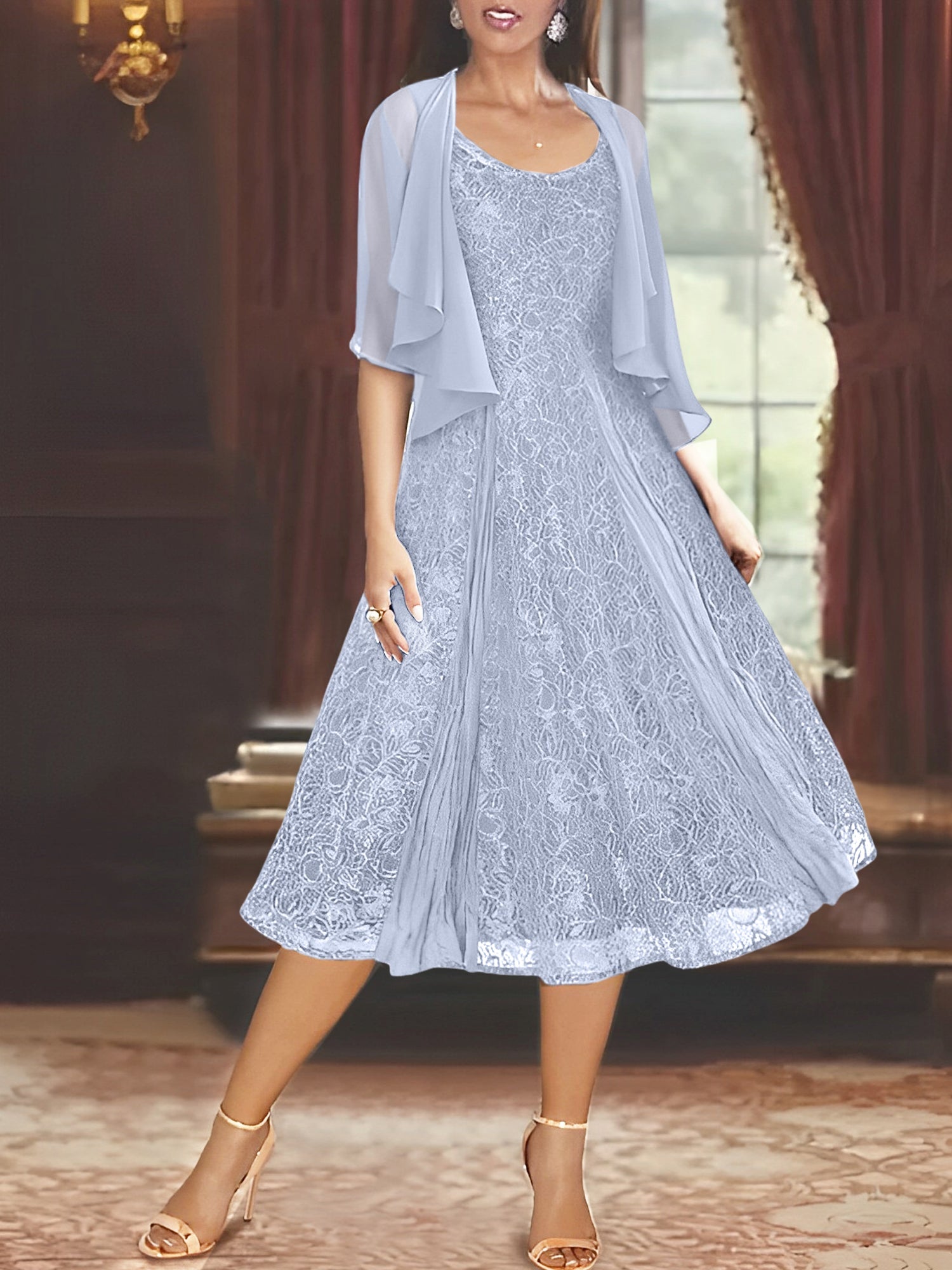 Princess A-Line Tea-Length Mother of the Bride Dress with Scoop Neck Half Sleeves Appliques and Jacket