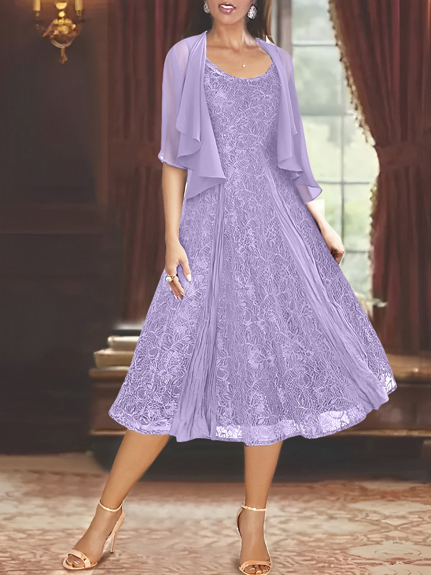 Princess A-Line Tea-Length Mother of the Bride Dress with Scoop Neck Half Sleeves Appliques and Jacket