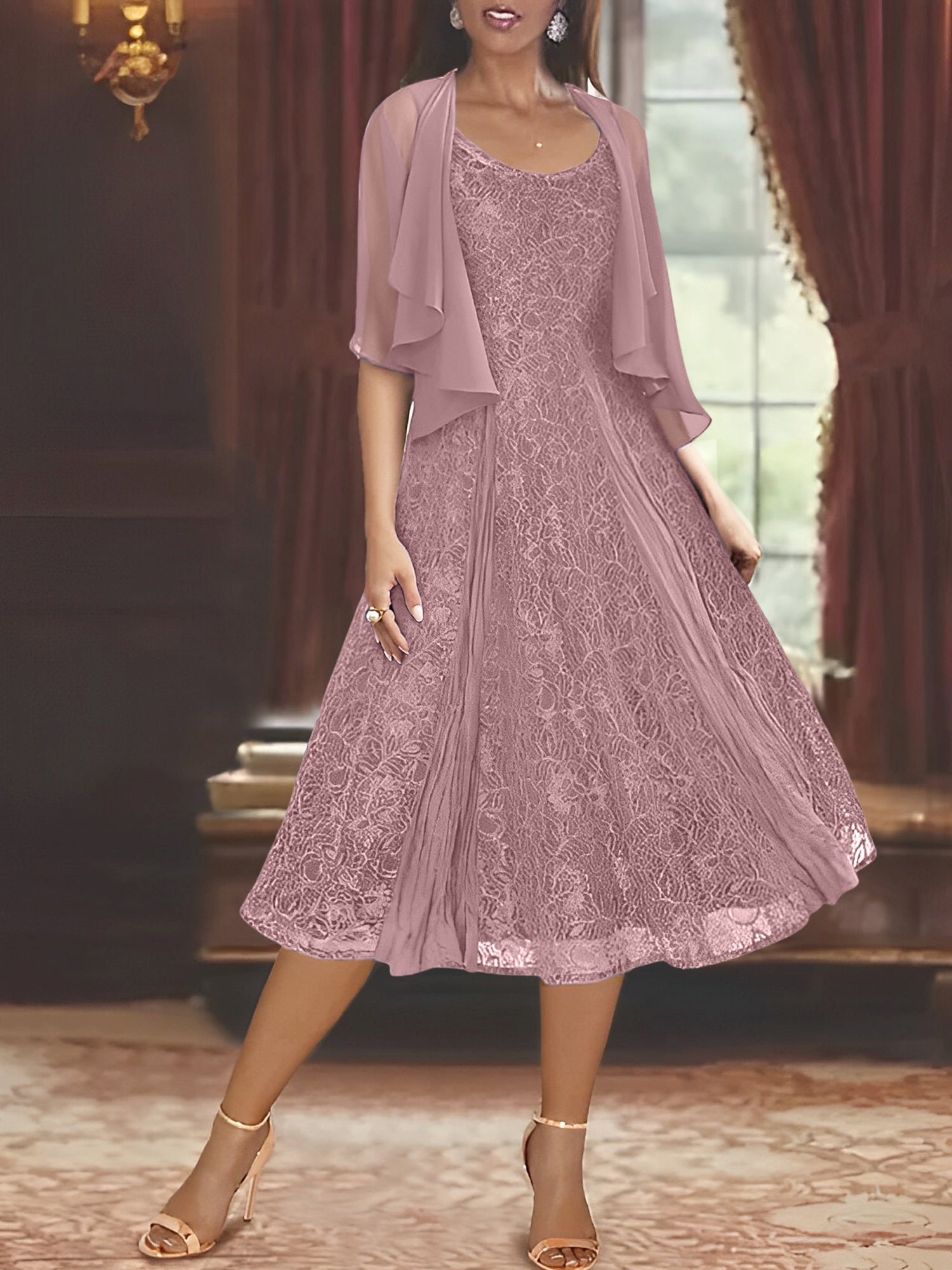 Princess A-Line Tea-Length Mother of the Bride Dress with Scoop Neck Half Sleeves Appliques and Jacket