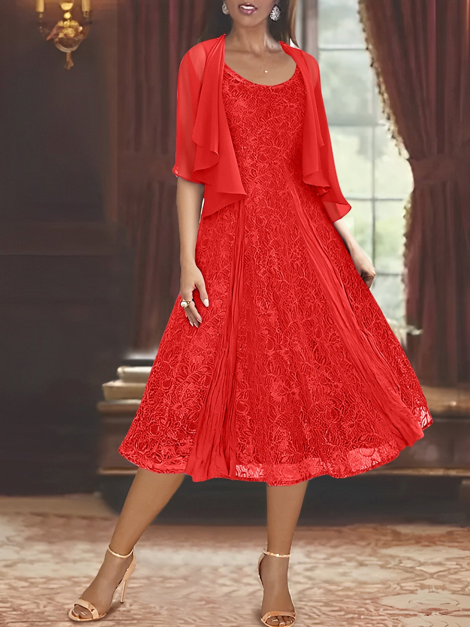 Princess A-Line Tea-Length Mother of the Bride Dress with Scoop Neck Half Sleeves Appliques and Jacket
