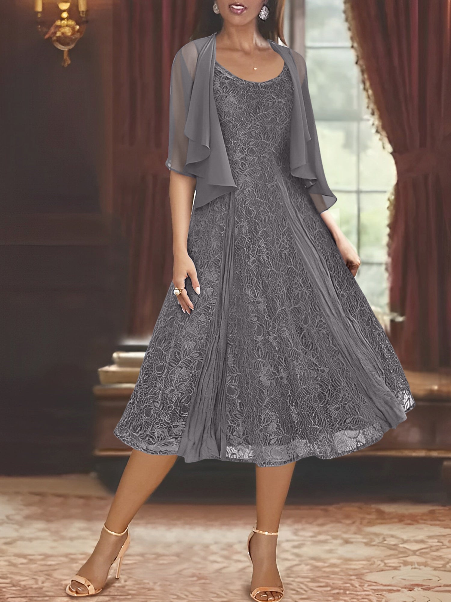 Princess A-Line Tea-Length Mother of the Bride Dress with Scoop Neck Half Sleeves Appliques and Jacket