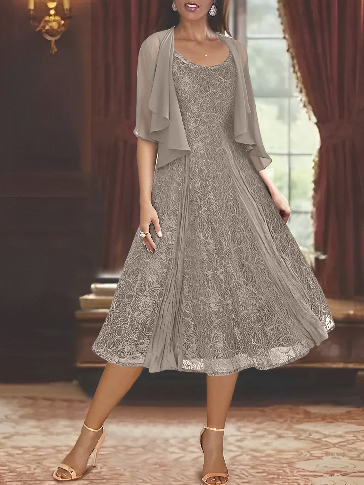 Princess A-Line Tea-Length Mother of the Bride Dress with Scoop Neck Half Sleeves Appliques and Jacket
