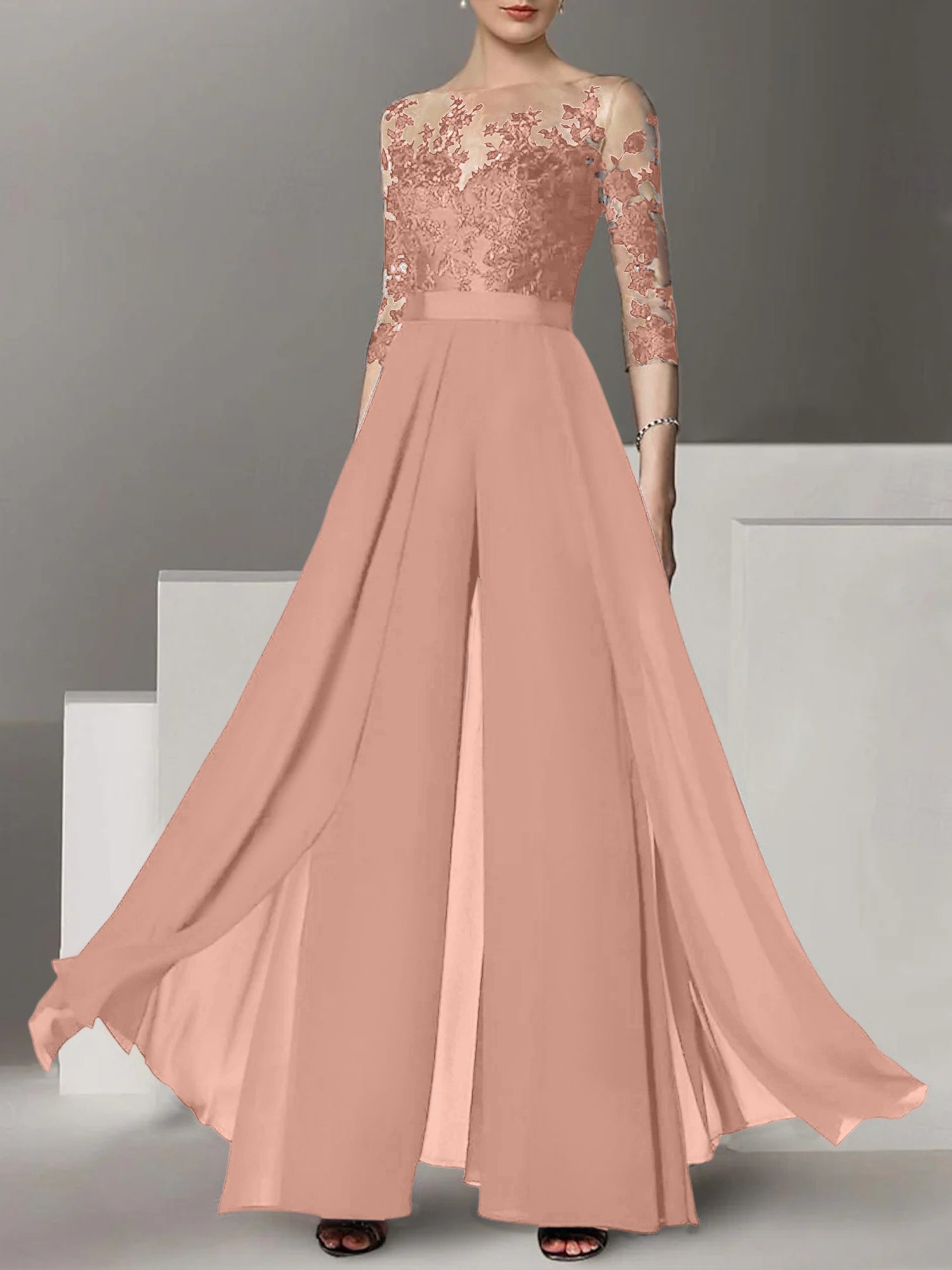 Princess Jewel Neck A-Line Floor-Length Mother of the Bride Pantsuit with Applique and 3/4 Sleeves