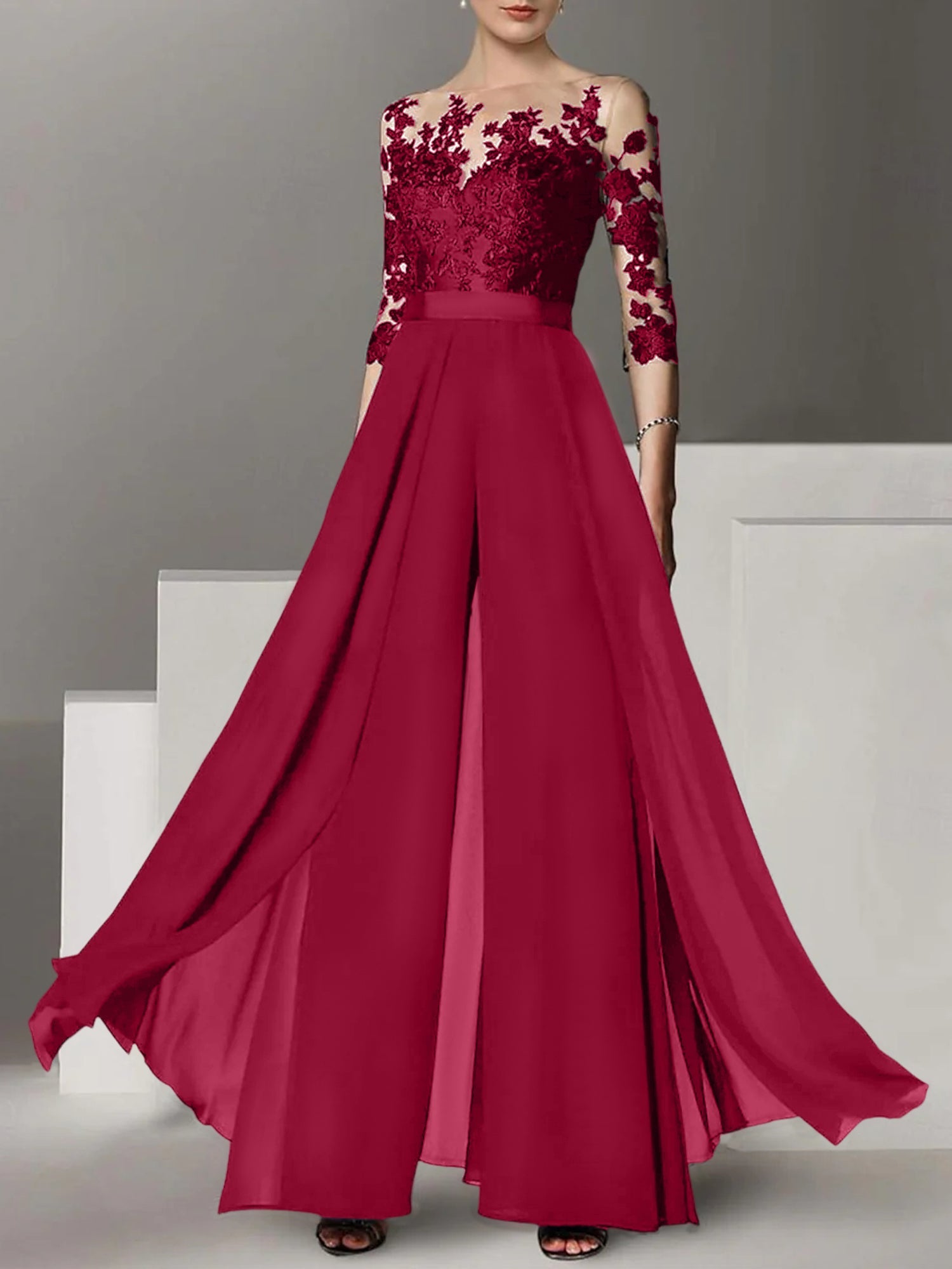 Princess Jewel Neck A-Line Floor-Length Mother of the Bride Pantsuit with Applique and 3/4 Sleeves