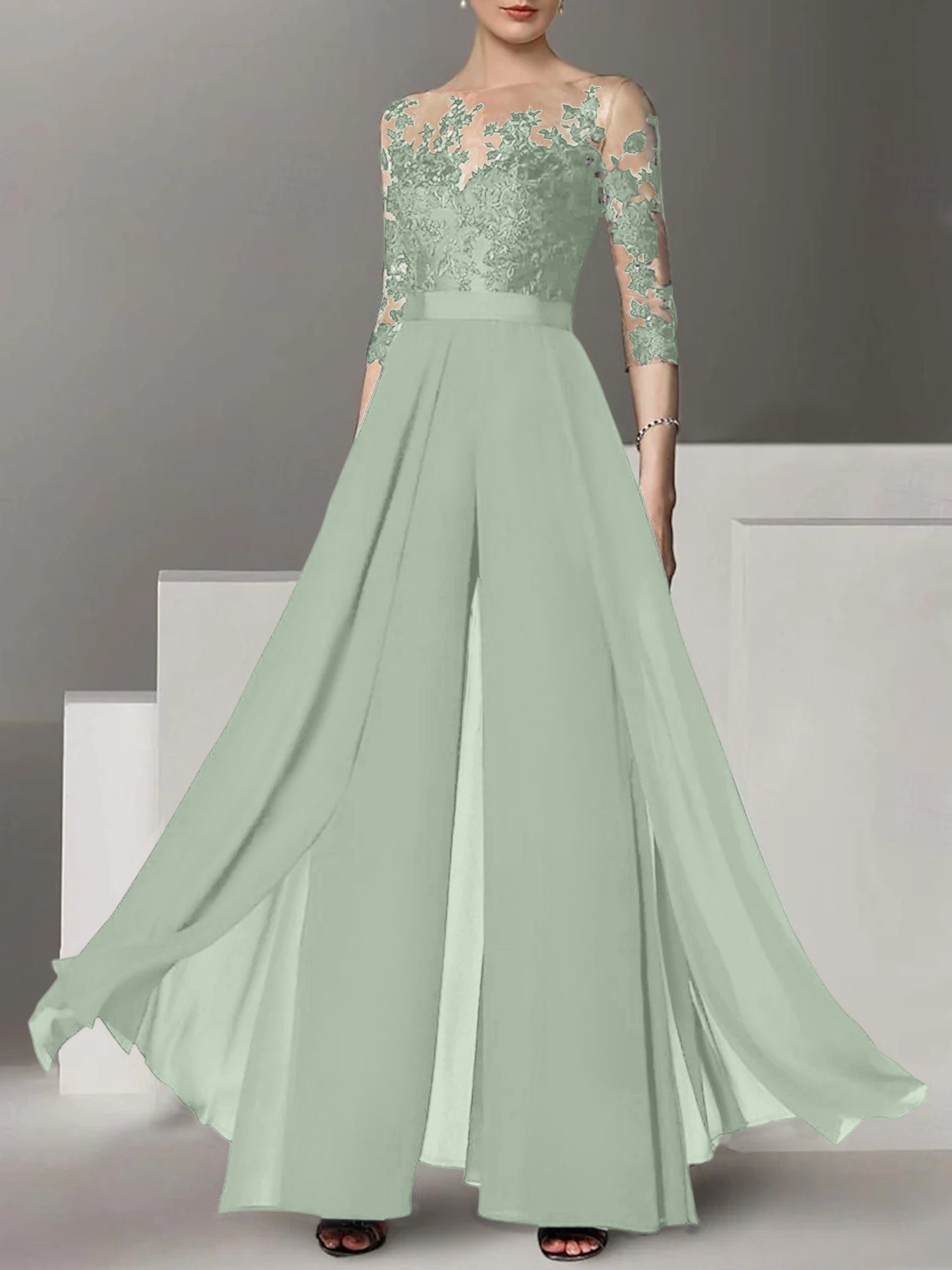 Princess Jewel Neck A-Line Floor-Length Mother of the Bride Pantsuit with Applique and 3/4 Sleeves