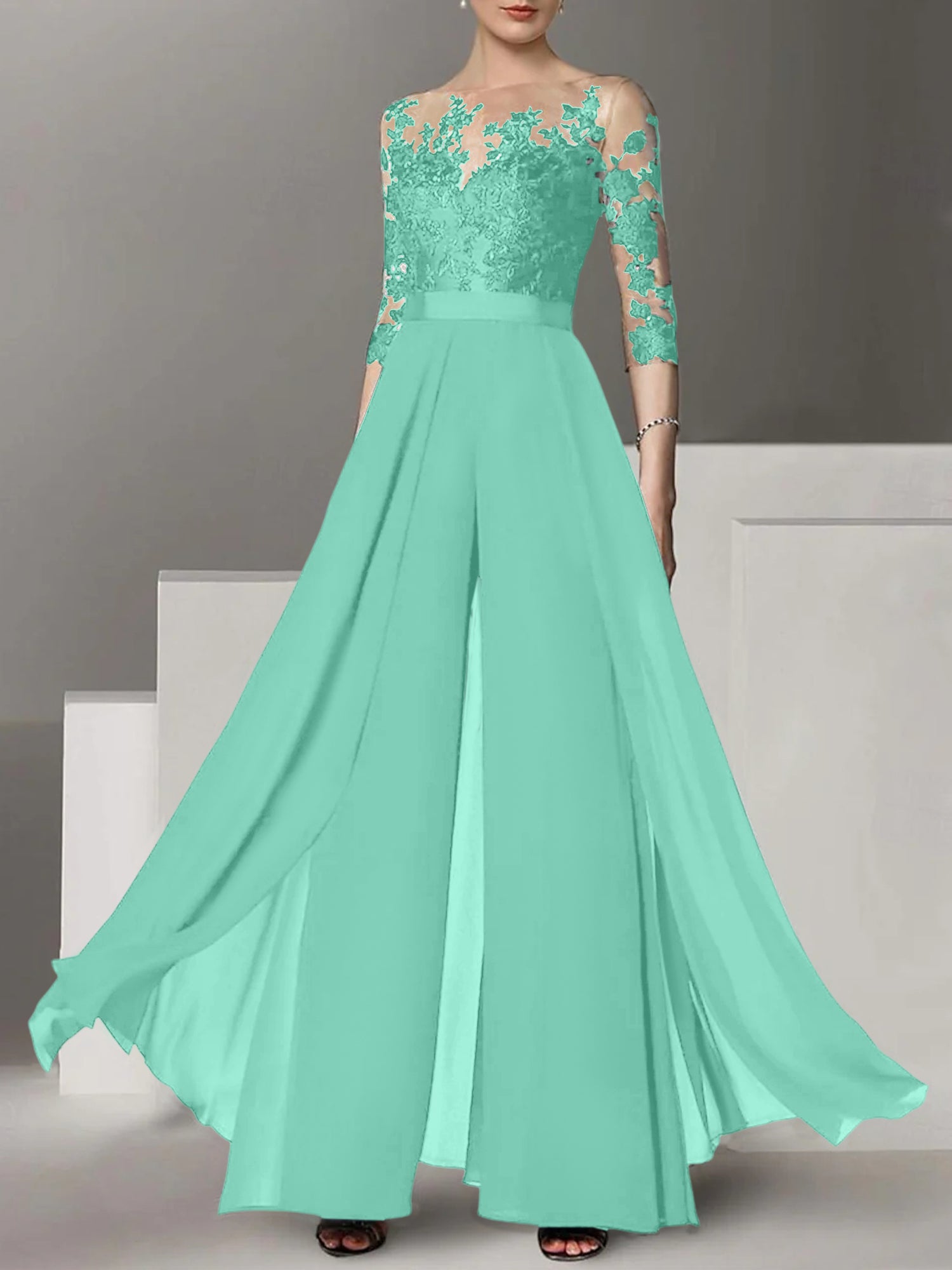Princess Jewel Neck A-Line Floor-Length Mother of the Bride Pantsuit with Applique and 3/4 Sleeves