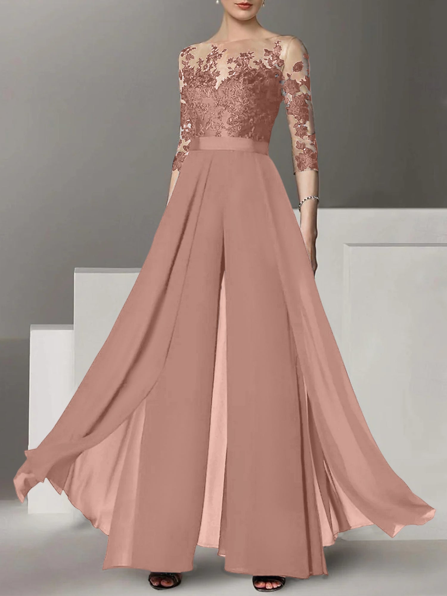 Princess Jewel Neck A-Line Floor-Length Mother of the Bride Pantsuit with Applique and 3/4 Sleeves