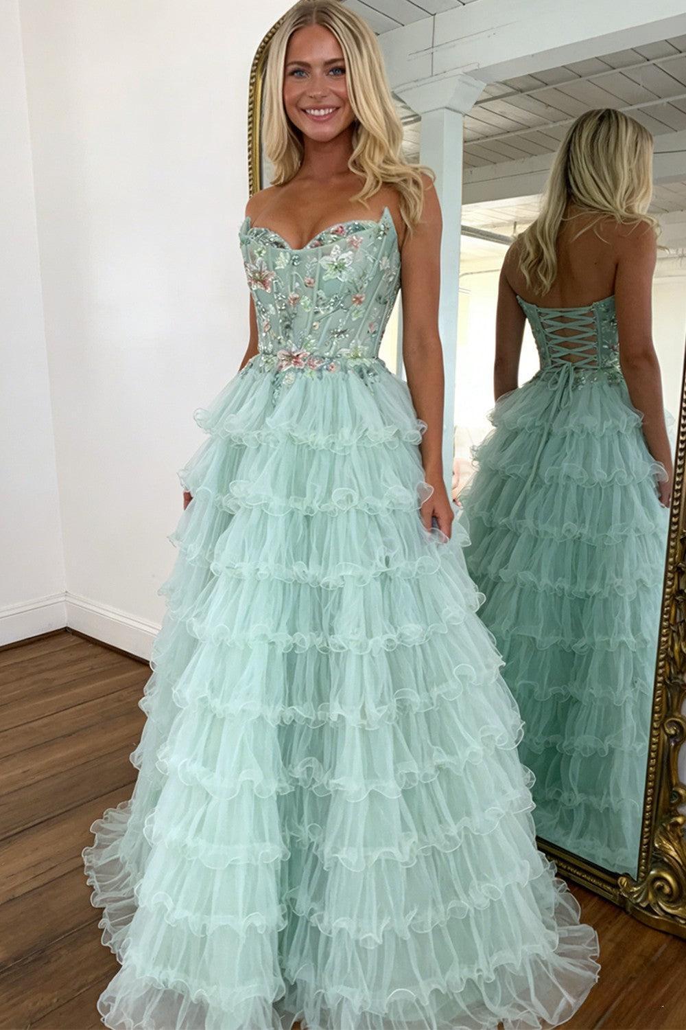 Princess Mint Green Tiered Tulle Prom Dress With Floral Embroidered Corset Formal Evening Gown