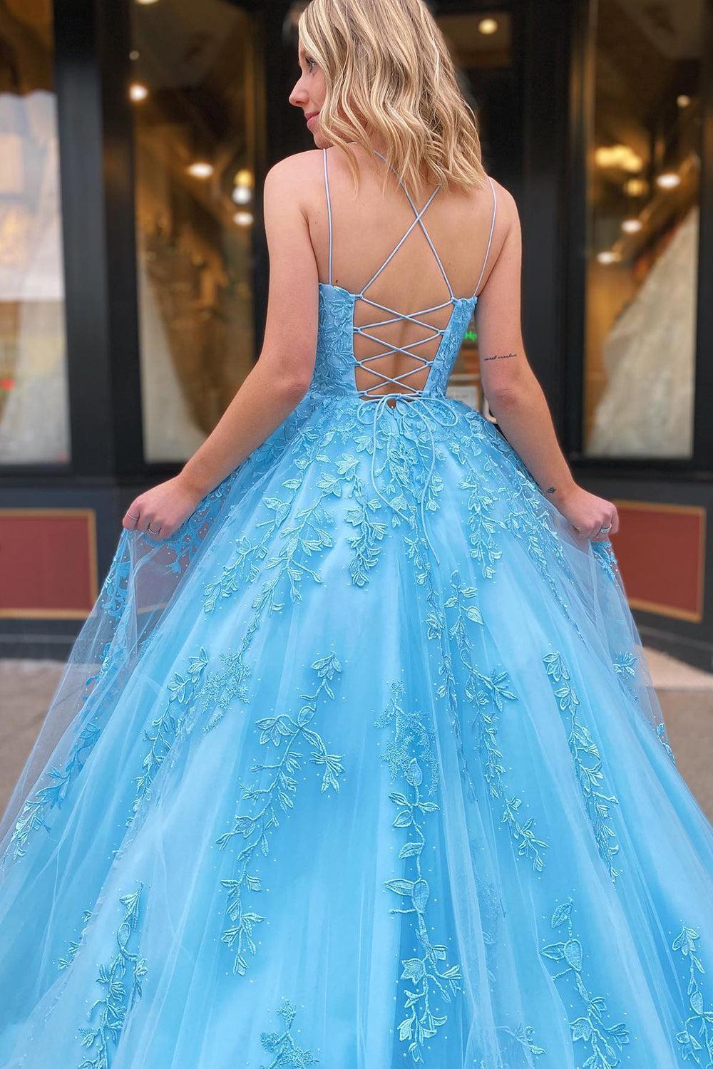 Princess Prom Dress Champagne Spaghetti Straps Evening Dress