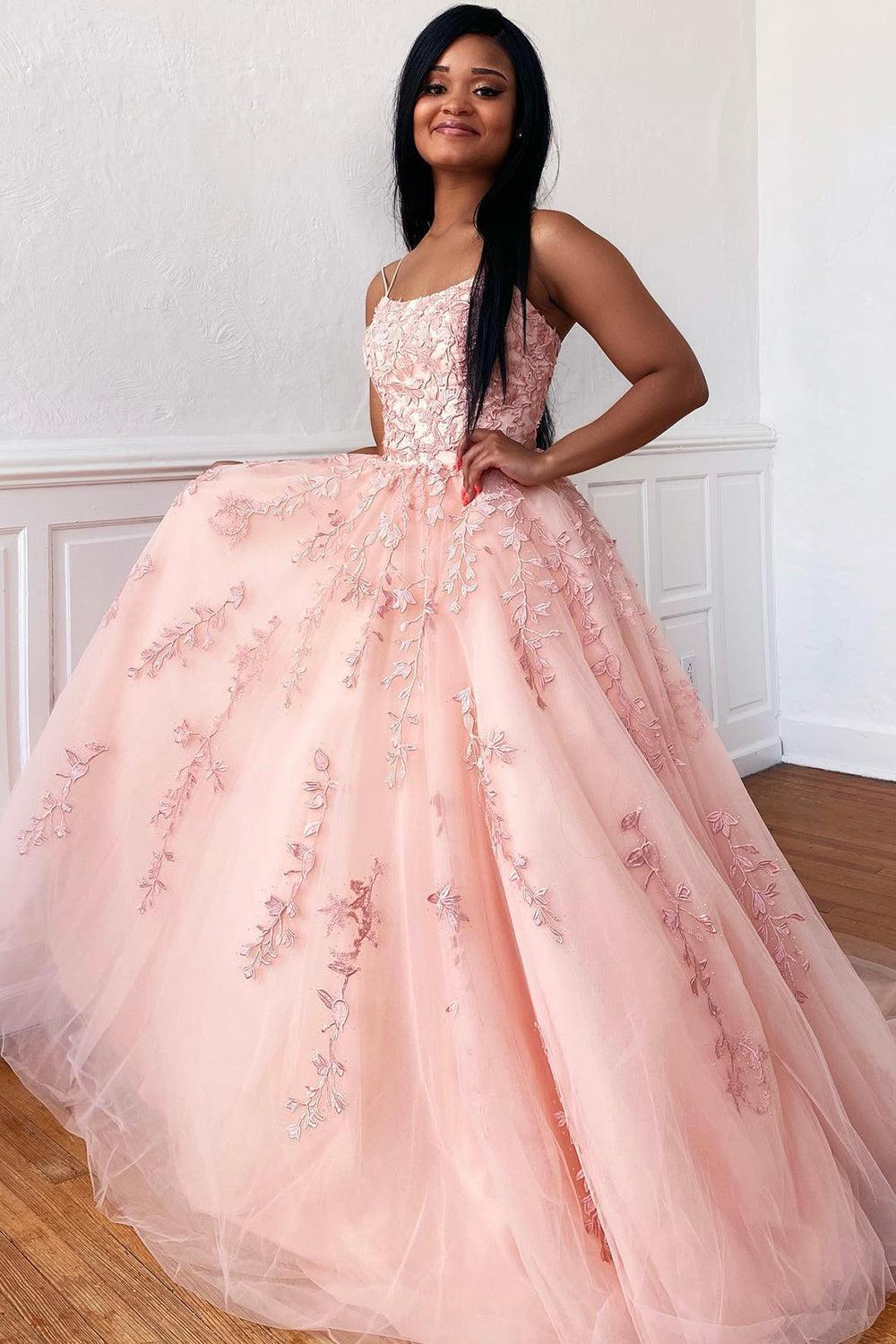 Princess Prom Dress Champagne Spaghetti Straps Evening Dress