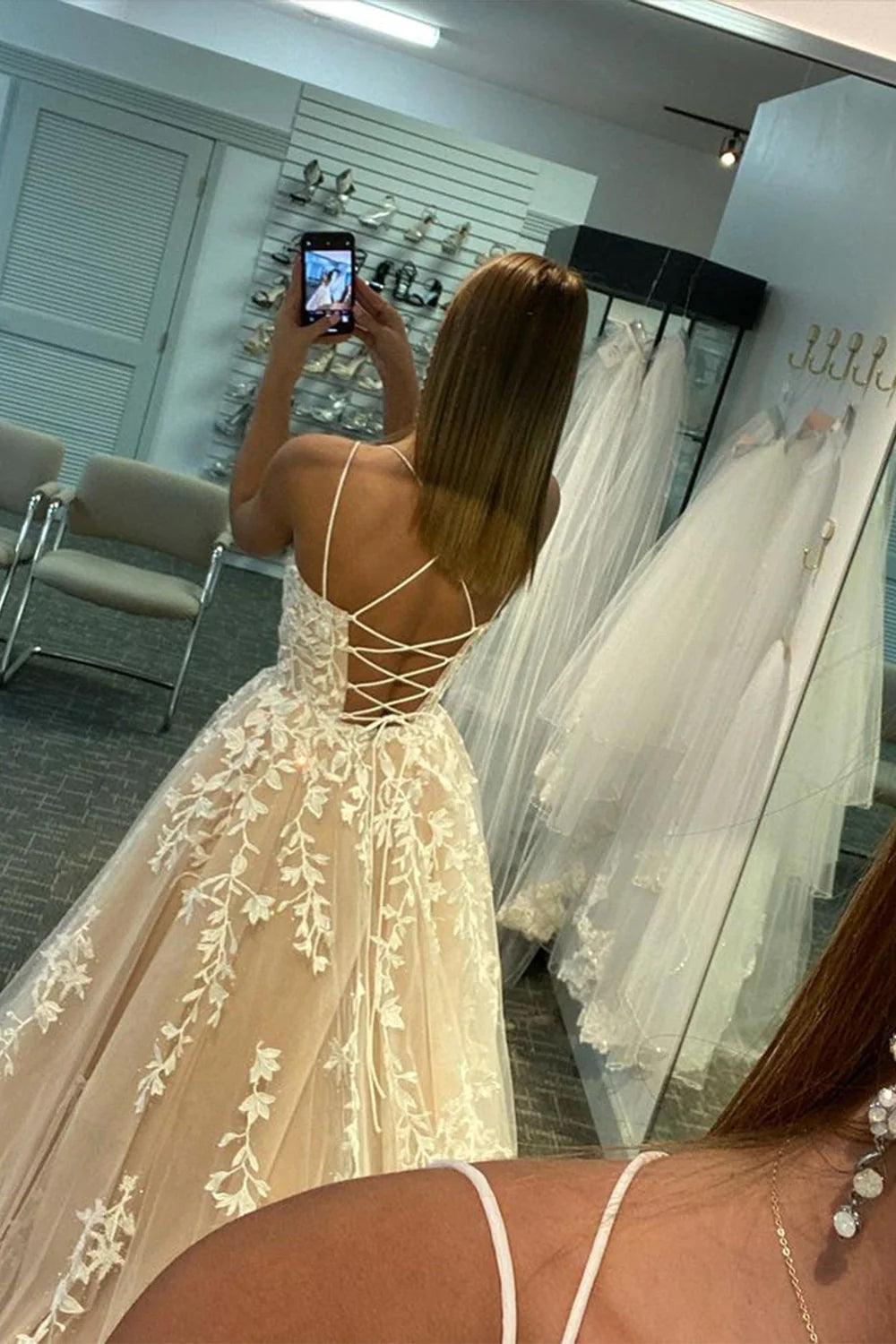 Princess Prom Dress Champagne Spaghetti Straps Evening Dress