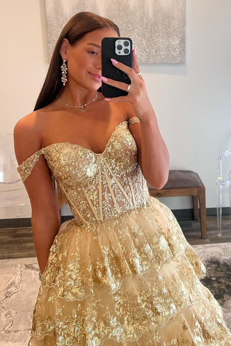 Princess Prom Dress Off the Shoulder Sequined Lace Evening Dress