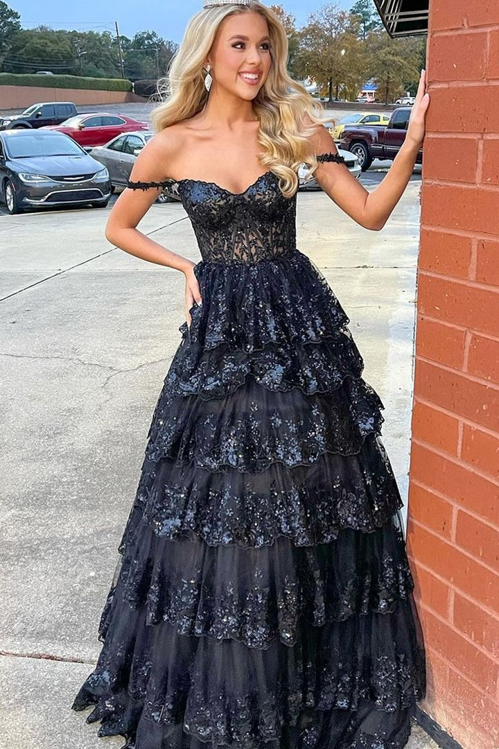 Princess Prom Dress Off the Shoulder Sequined Lace Evening Dress