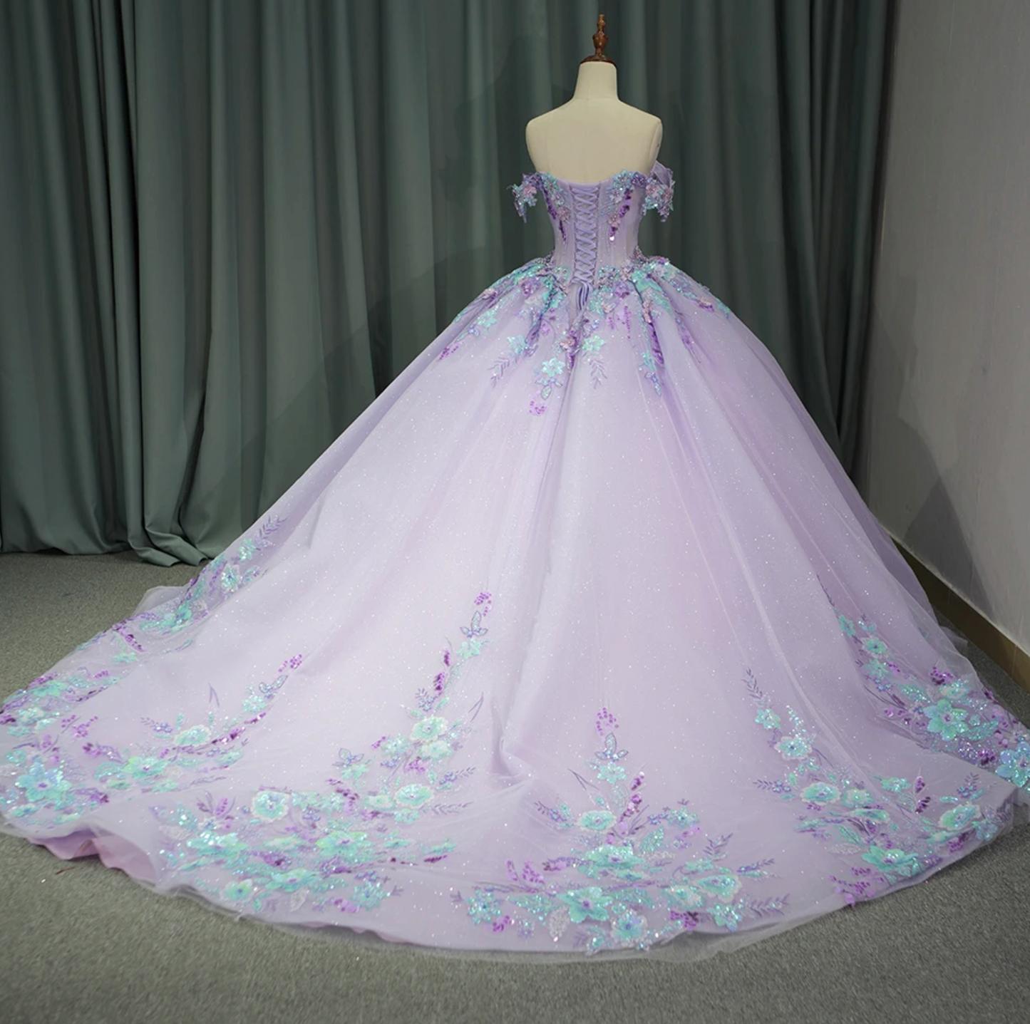Princess Purple Floral Quinceanera Dress Full Ball Gown Sweet 16 Dress