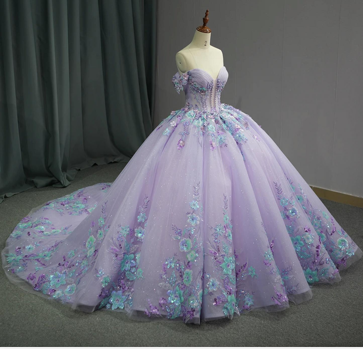 Princess Purple Floral Quinceanera Dress Full Ball Gown Sweet 16 Dress