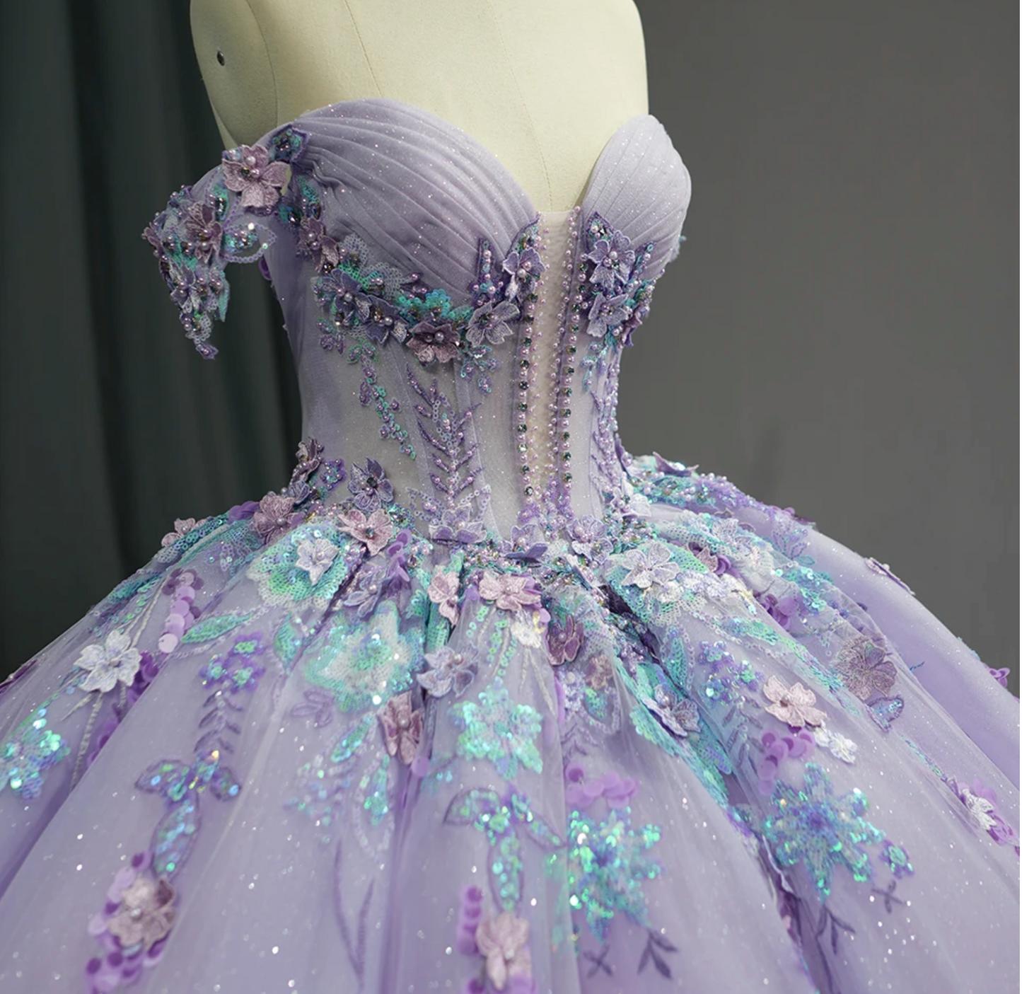 Princess Purple Floral Quinceanera Dress Full Ball Gown Sweet 16 Dress