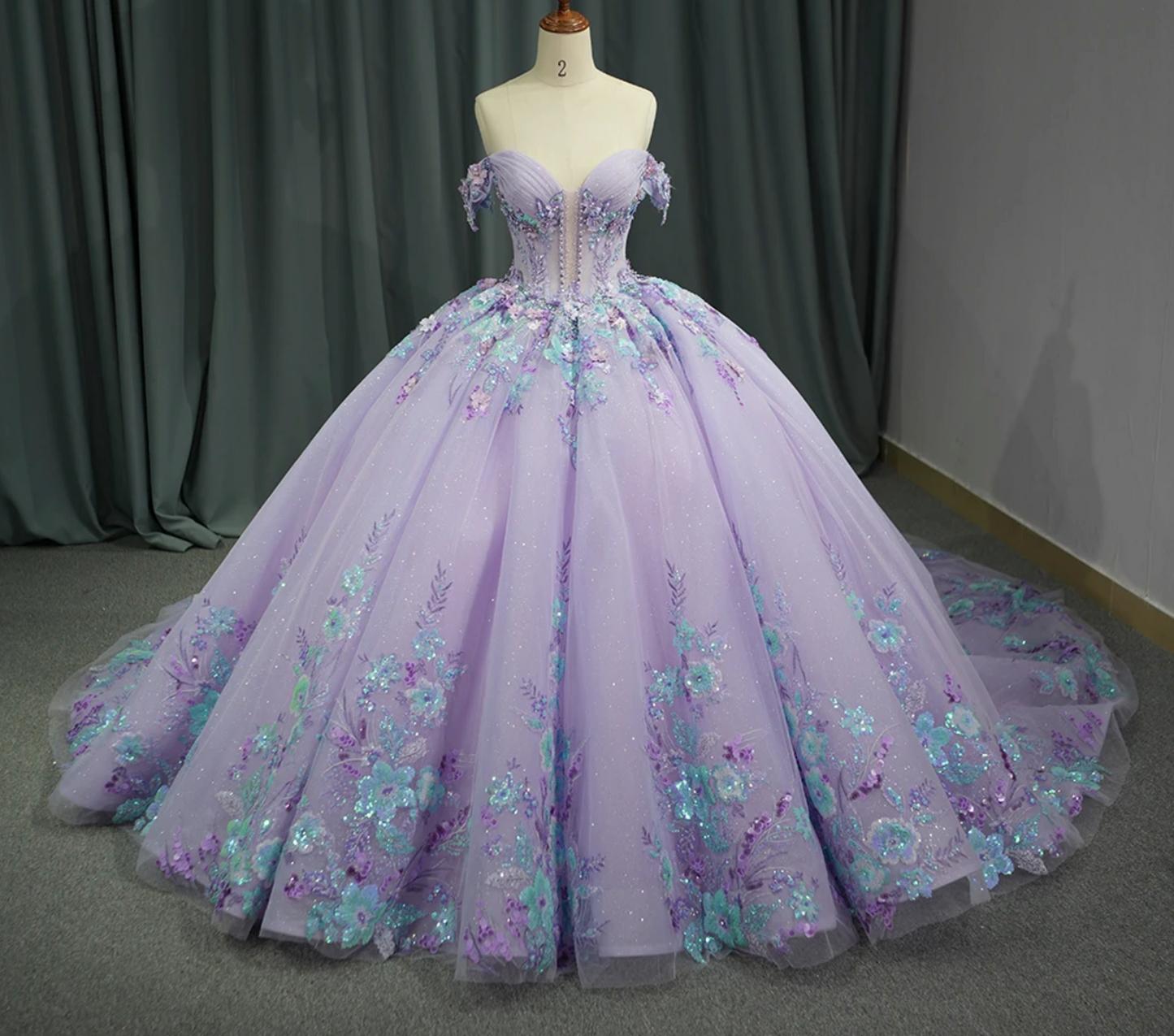 Princess Purple Floral Quinceanera Dress Full Ball Gown Sweet 16 Dress