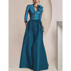 Princess V-Neck Floor-Length Mother of the Bride Dress with 3/4 Sleeves Ruched Detailing Draping and a Split Front