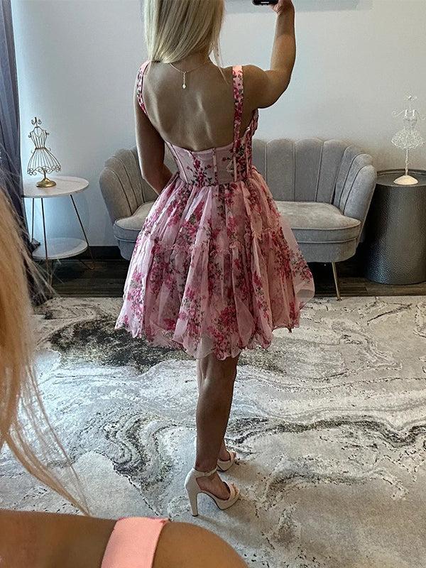 Printing Chiffon Boned Sweetheart Mini Ball Gown Homecoming Dress