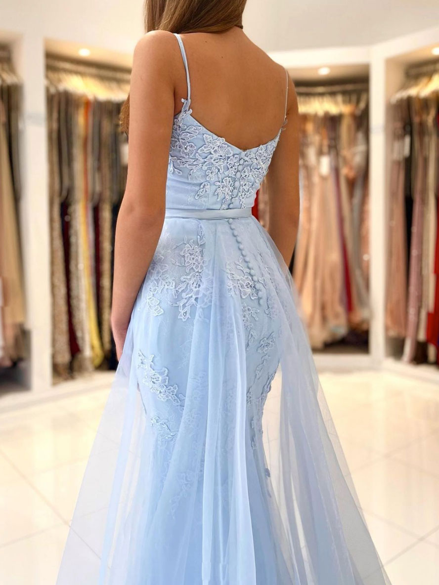 Prom Dress Blue Mermaid Lace Tulle Long Evening Dress