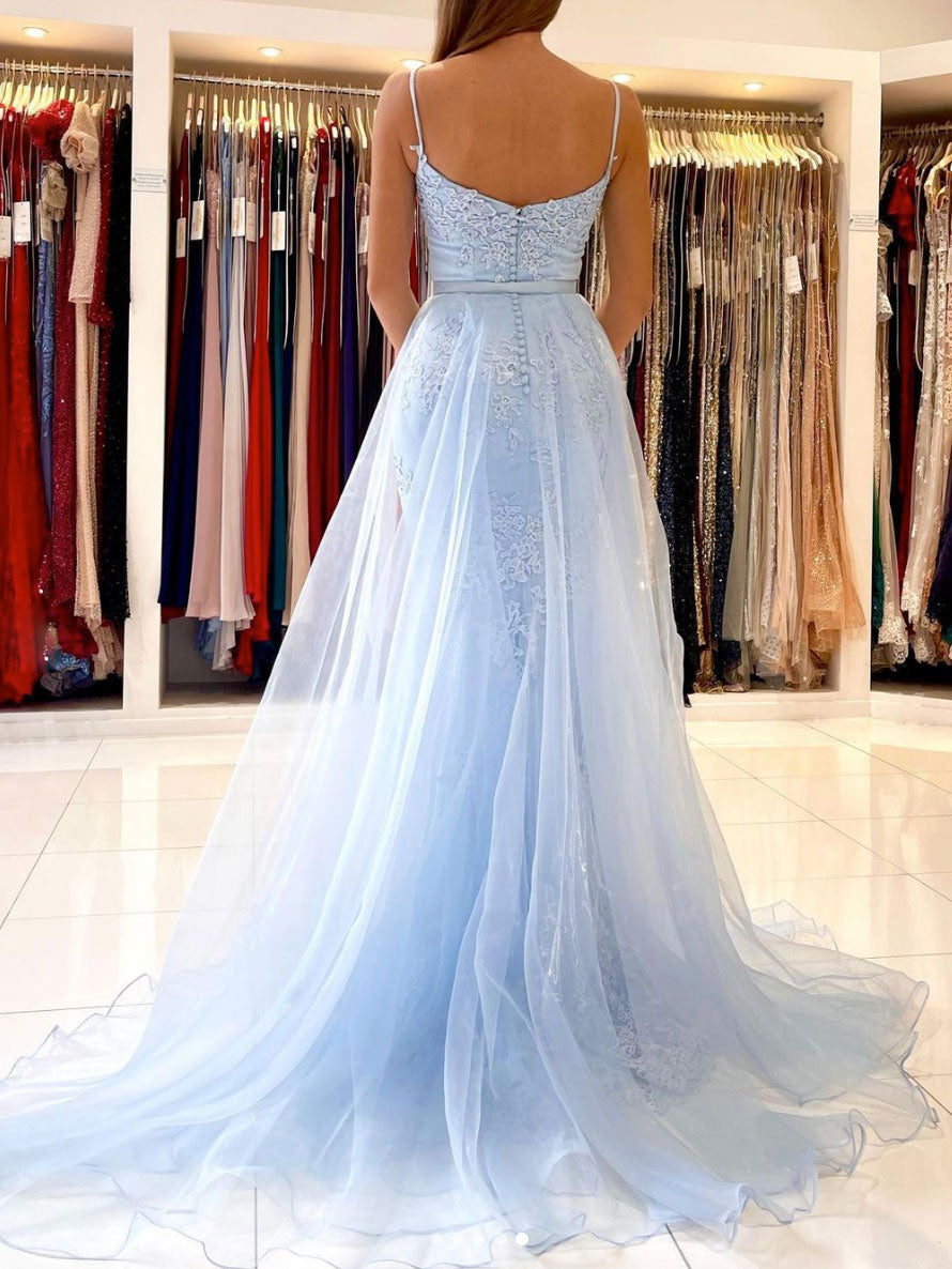 Prom Dress Blue Mermaid Lace Tulle Long Evening Dress
