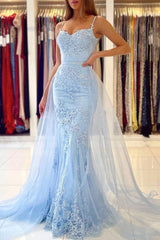 Prom Dress Blue Mermaid Lace Tulle Long Evening Dress