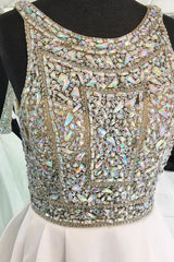 Prom Dress Ivory Crew Neck Satin Beaded Long Evening Dress