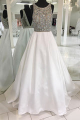 Prom Dress Ivory Crew Neck Satin Beaded Long Evening Dress