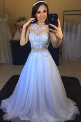 Prom Dress Ivory Crew Neck Tulle Lace Long Formal Dress Evening Dress