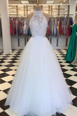 Prom Dress Ivory High Neck Tulle Lace Long Evening Dress