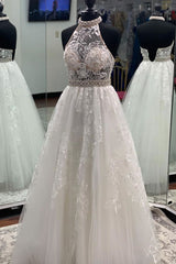 Prom Dress Ivory High Neck Tulle Lace Long Evening Dress