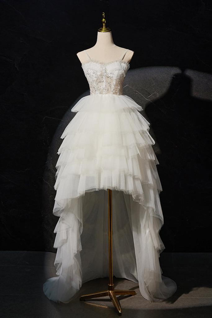 Prom Dress Ivory Sweetheart Neck High Low Lace Tulle Evening Dress