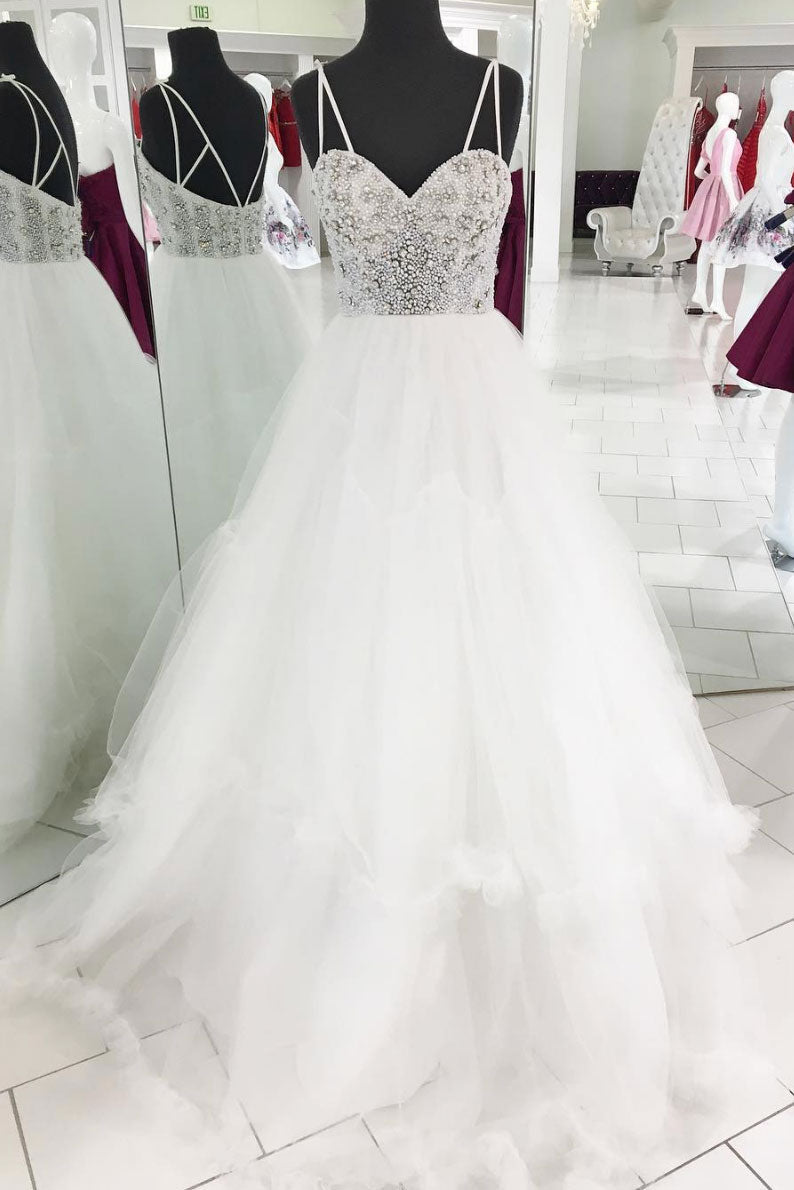 Prom Dress Ivory Sweetheart Neck Tulle Beaded Long Evening Gown Evening Dress