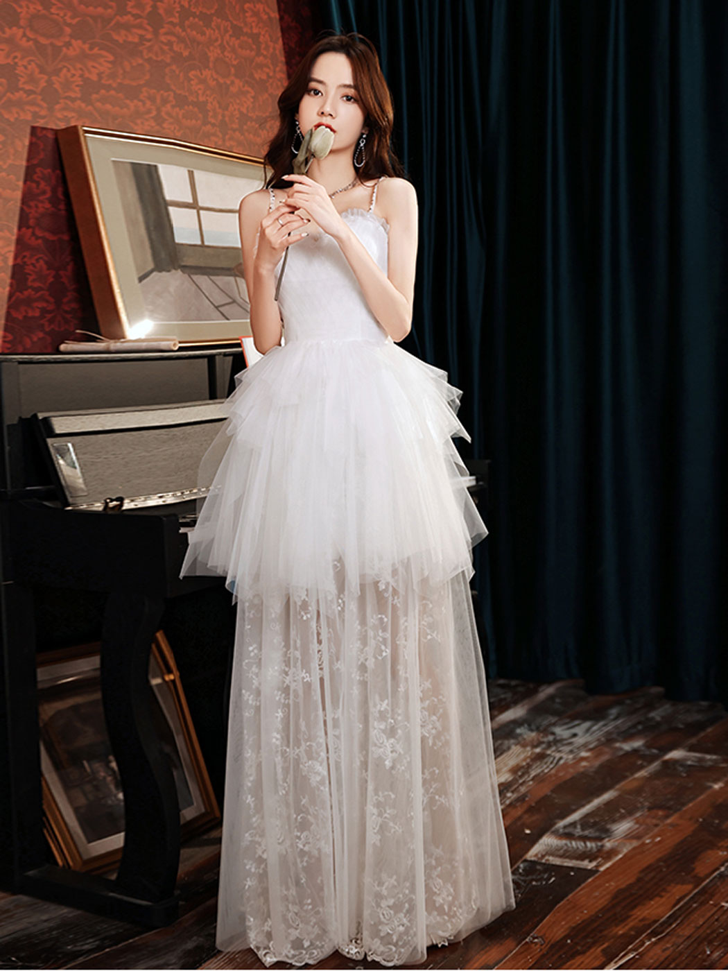 Prom Dress Ivory Sweetheart Neck Tulle Lace Long Formal Dress Evening Dress
