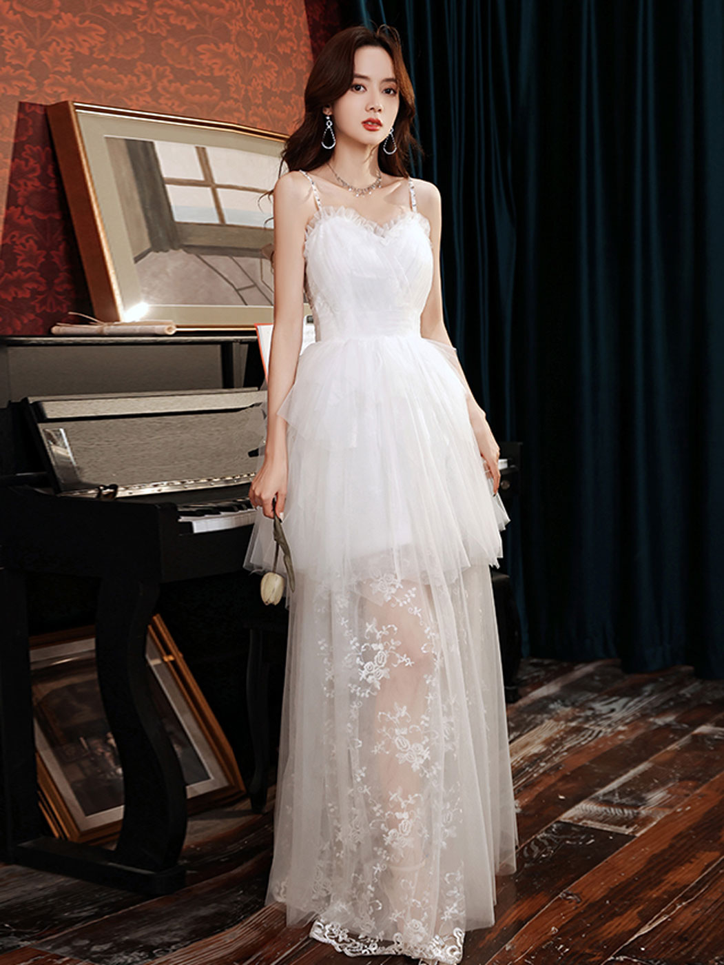 Prom Dress Ivory Sweetheart Neck Tulle Lace Long Formal Dress Evening Dress