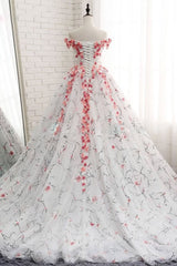 Prom Dress Ivory Tulle 3D Appliques Long Evening Dress