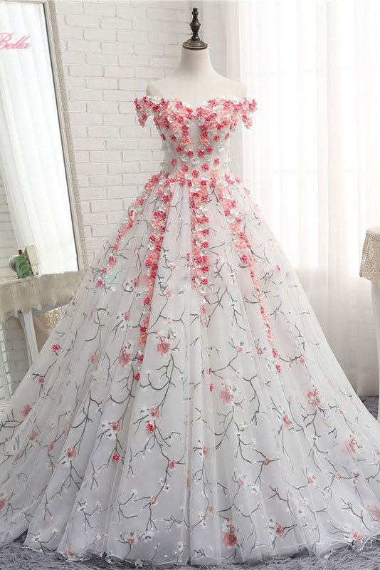 Prom Dress Ivory Tulle 3D Appliques Long Evening Dress
