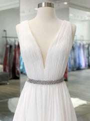 Prom Dress Ivory V Neck Chiffon Long Lace Evening Dress