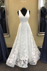 Prom Dress Ivory V Neck Satin Lace Long Evening Gown Evening Dress