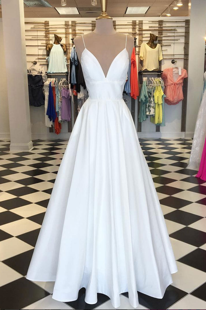 Prom Dress Ivory V Neck Satin Long Evening Dress