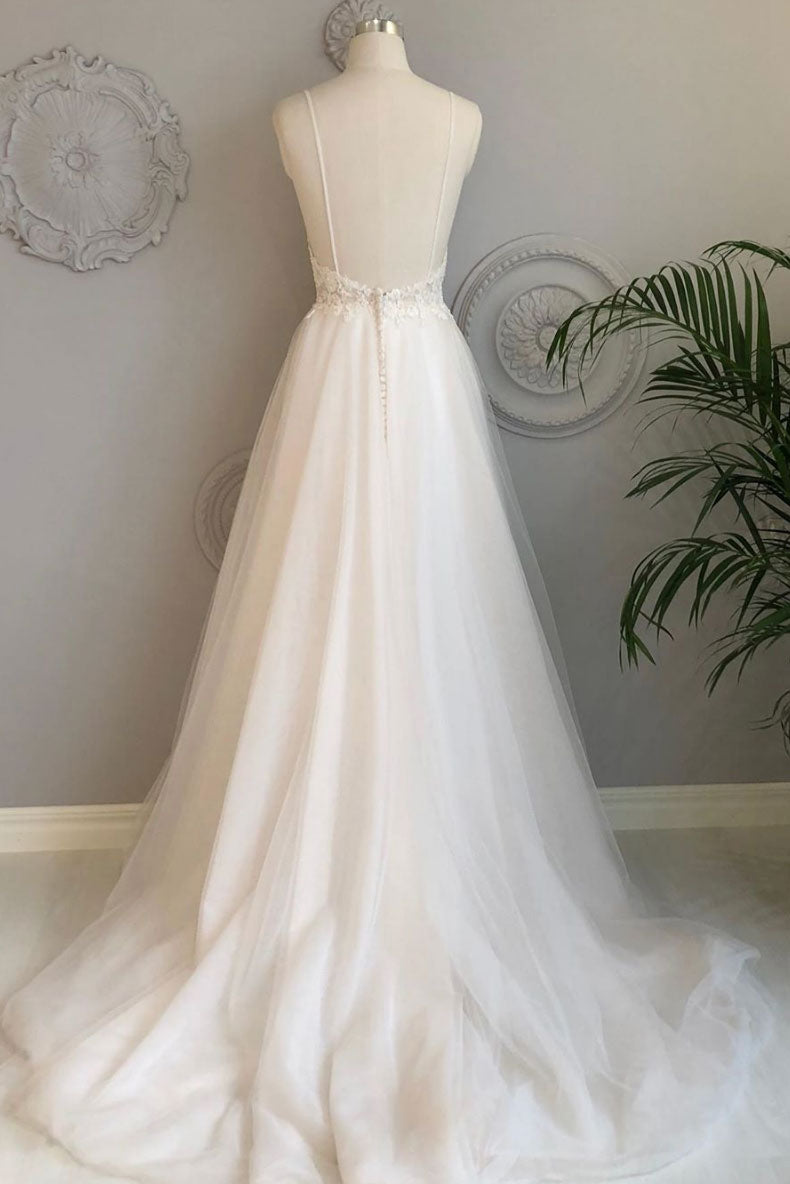 Prom Dress Ivory V Neck Tulle Lace Long Evening Dress