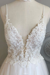 Prom Dress Ivory V Neck Tulle Lace Long Evening Dress