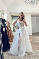 Prom Dress Ivory V Neck Tulle Lace Long Evening Dress