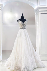 Prom Dress Ivory V Neck Tulle Lace Long Evening Dress