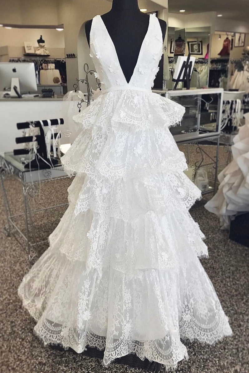 Prom Dress Ivory V Neck Tulle Lace Long Evening Dress