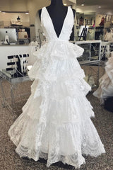 Prom Dress Ivory V Neck Tulle Lace Long Evening Dress